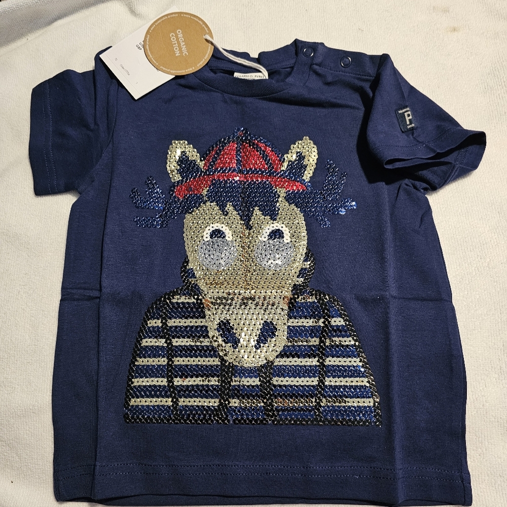 Polarn O. Pyret P.O.P. Horse Sequin Tee Shirt Size 1-1.5 YRS Blue/White NWT